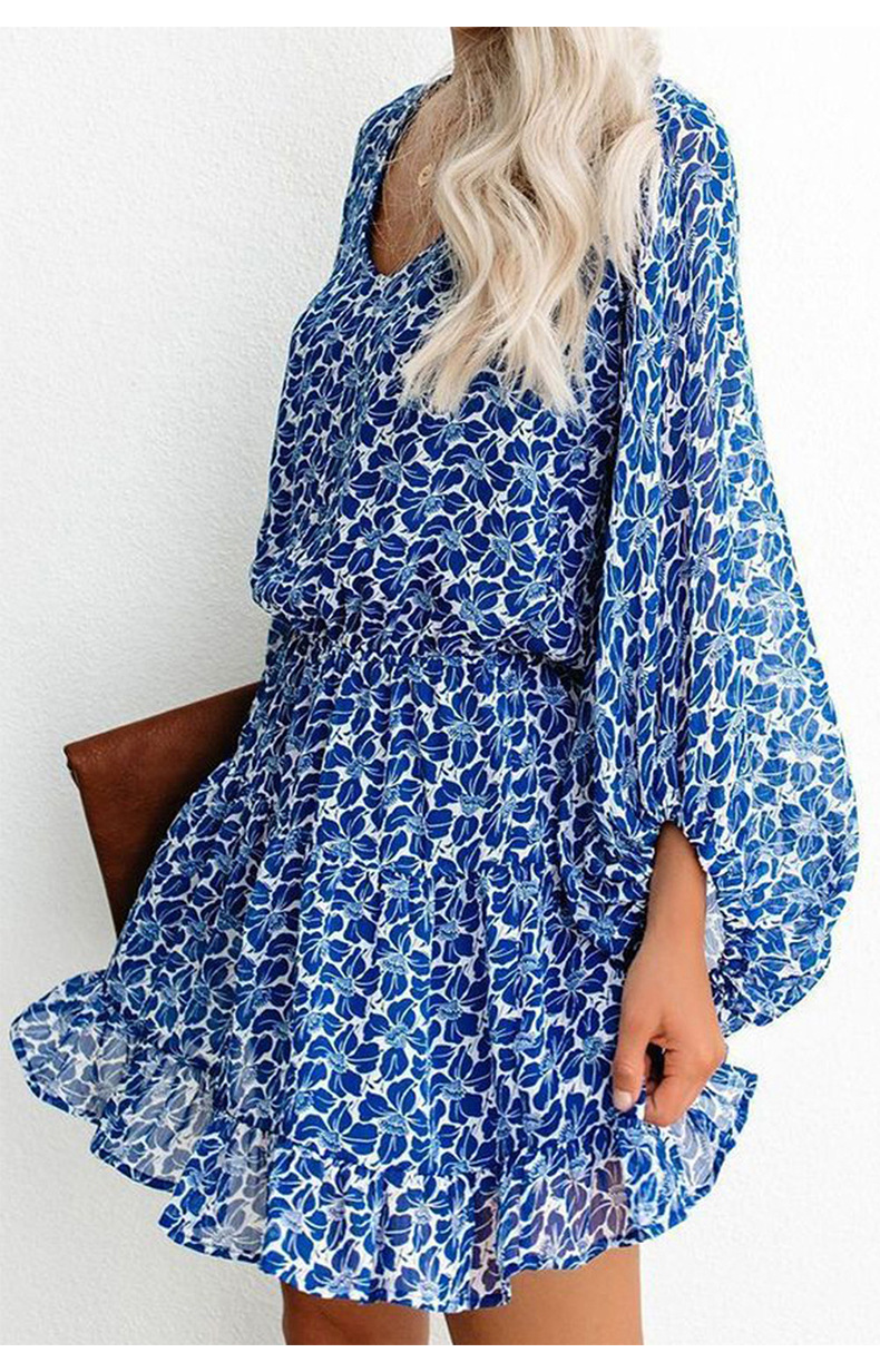 autumn new floral lantern sleeve waist printing long-sleeved v-neck women s dress NSSI2443