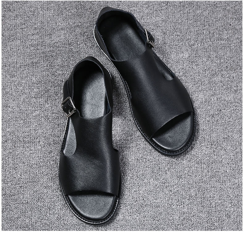 Dép sandal nam quai ngang kiểu La Mã, da bò, hở ngón, đế mềm thoáng khí — Màu đen chi tiết 7