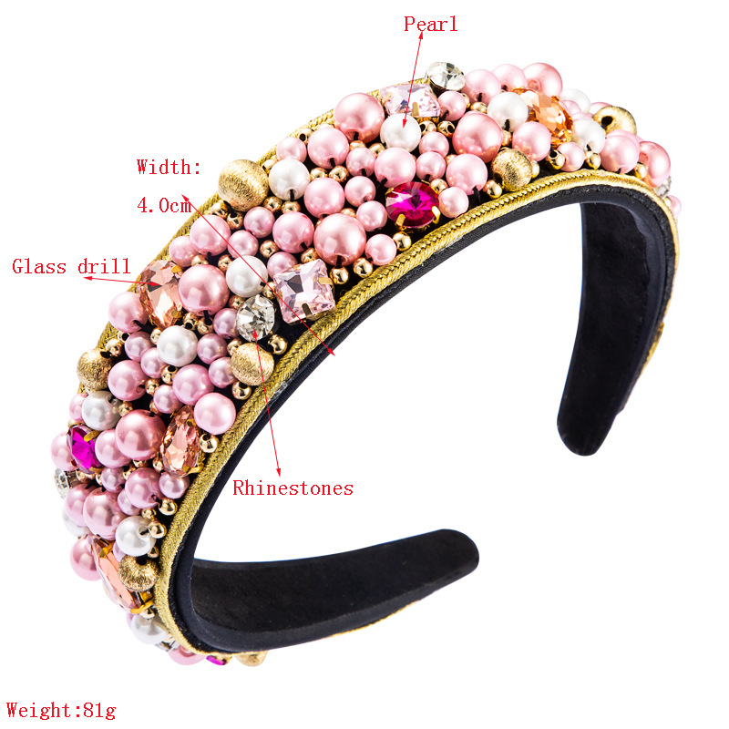 Baroque Fashion Fabric Hair Hoop  Luxury Color Full Rhinestone Handmade Pearl Headdress Wide Edge Headband Nihaojewelry Wholesale display picture 1