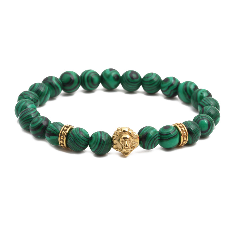 Fashion bracelets stainless steel lion head malachite beaded men and women bracelets