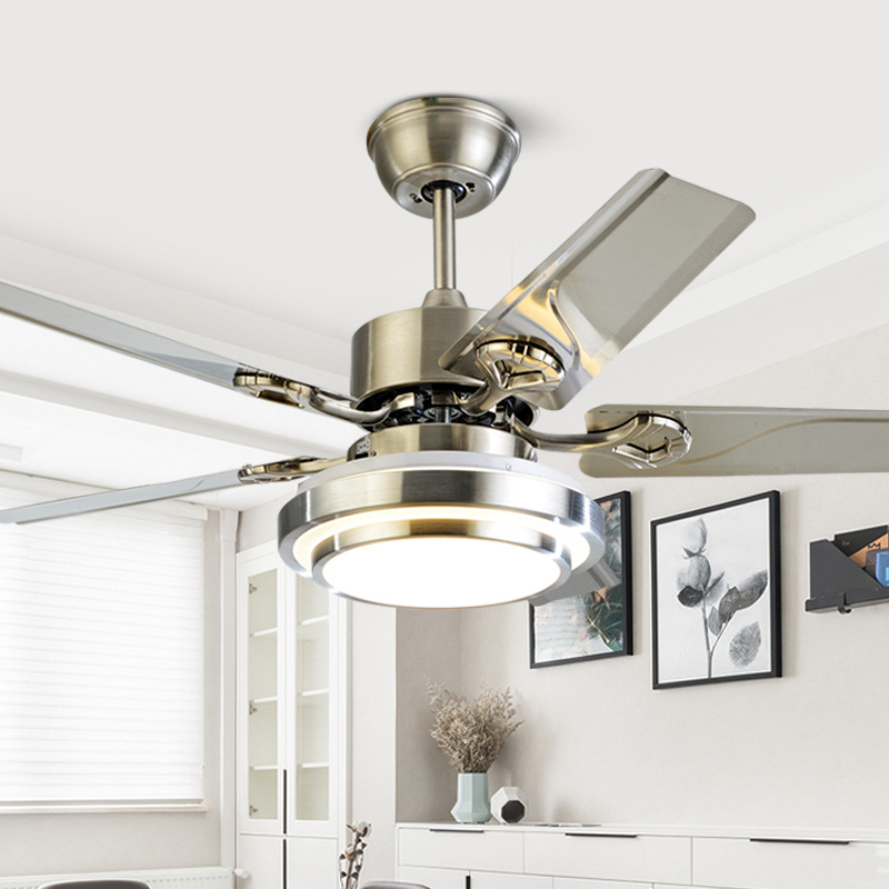 不锈钢客厅风扇灯餐厅吊扇灯现代简约卧室带电风扇家用吊灯|ru