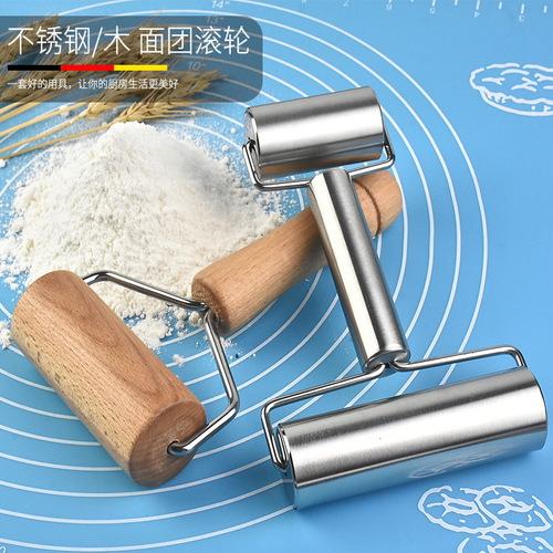 Factory direct sales double-headed stainless steel rolling pin wooden flour stick kitchen rolling pin baking tools