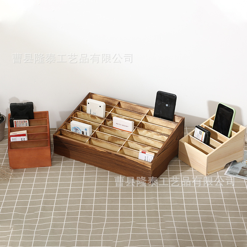 En stock caja de gestión de almacenamiento de teléfono móvil escritorio madera maciza retro multi-rejilla película templada caja de almacenamiento Oficina Conferencia rack de almacenamiento
