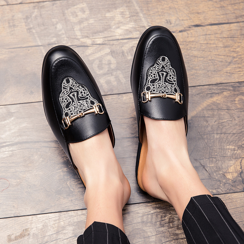 2021 Spring/Summer New Loafers Shiny Leather Half Slippers Trendy Breathable Casual Men's Shoes Fashion Embroidery_vogvips.com
