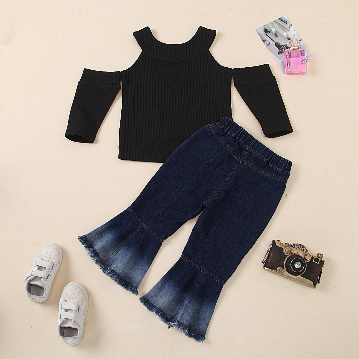 Solid Color Round Neck Strapless Jacket Denim Flared Trousers Children's Suit Wholesale Nihaojewelry display picture 15