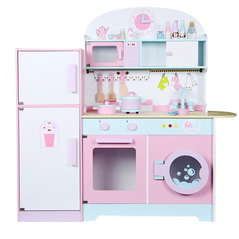Wooden Simulation Large Size Children's Play House Kitchen Refrigerator Kitchen Stove Combination Wooden Toys