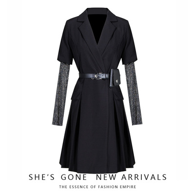 2020春季新款简约女收腰ins气质法式西装领水钻袖裙子西装连衣裙