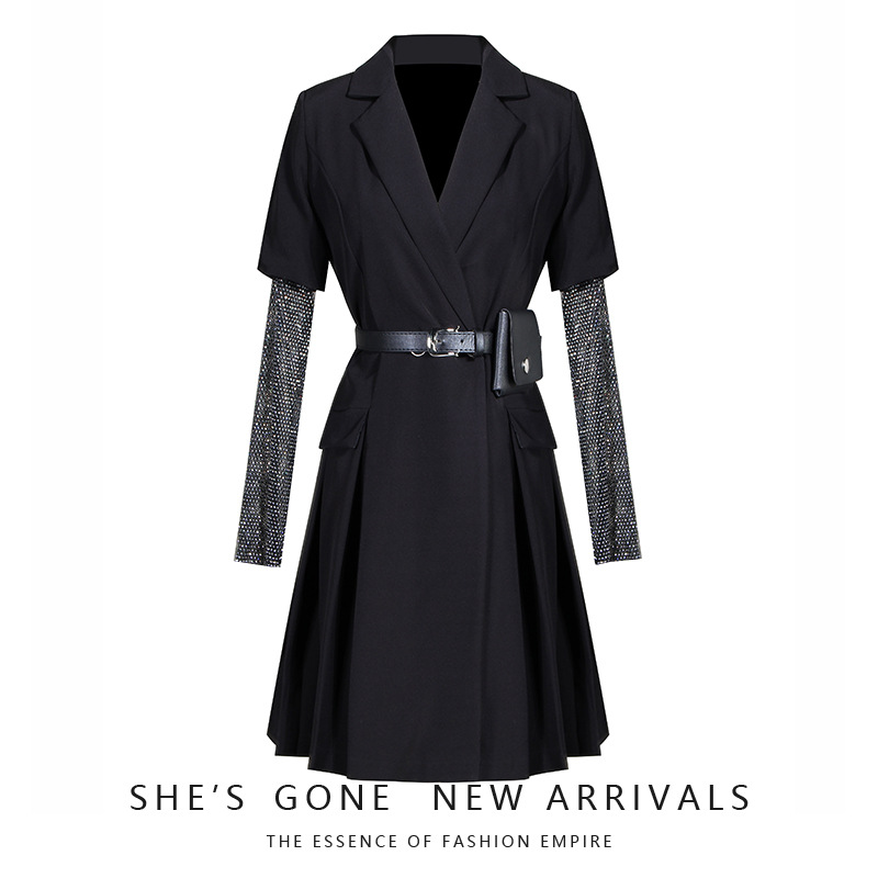 2020春季新款简约女收腰ins气质法式西装领水钻袖裙子西装连衣裙