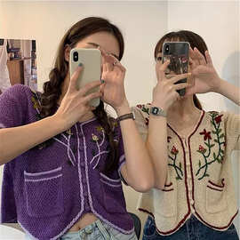 2026针织衫薄款女夏季新品韩国新款复古减龄立体绣花显瘦短袖t恤