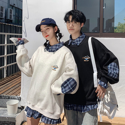 不一样2020新款情侣装卫衣男设计感格子拼接假两件polo领宽松外套