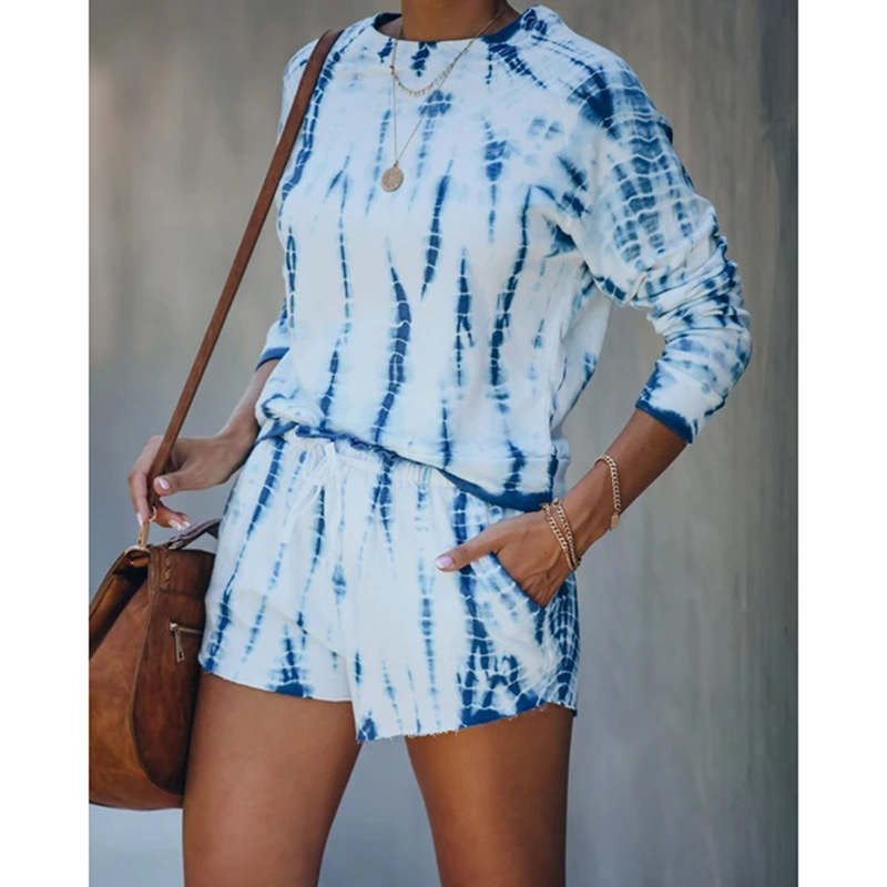 new women's tie-dye printing casual long-sleeved shorts suit home service NSKX5978
