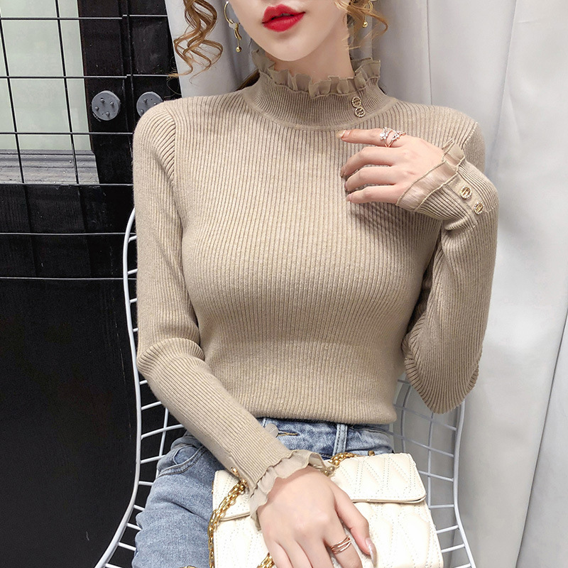 Papaya Milk Autumn and Winter Women's Korean-style Base Shirt High Collar Organza Stitching Tight-fitting Sweater Trendy