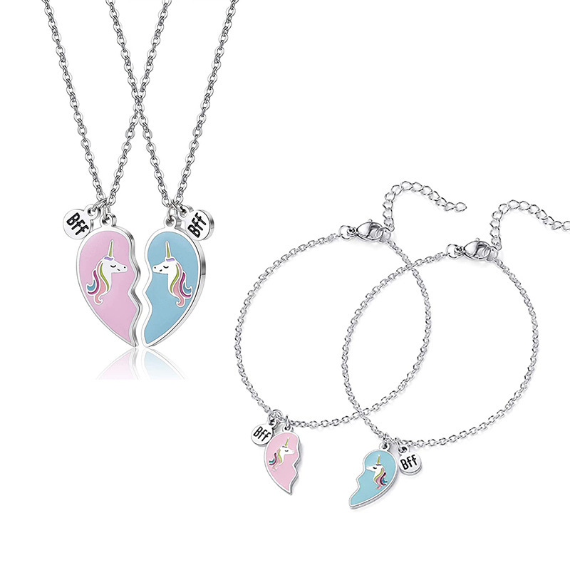 Amazon Hot Selling Children's Two-color Rainbow Accessories European and American New Oil-dripping Unicorn Bracelet Necklace Set Cross-Border