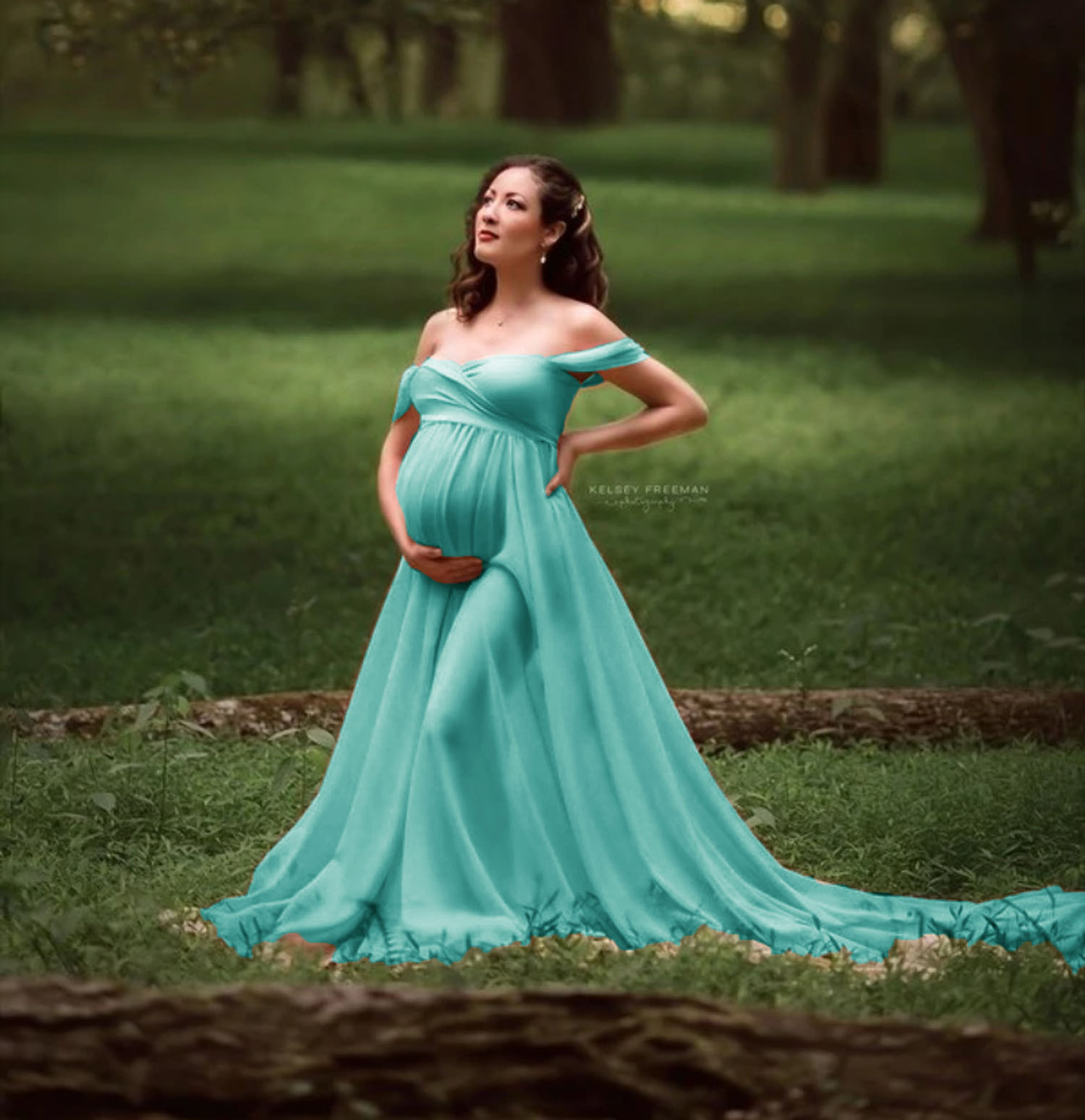 Light Blue Maternity Off Shoulder Maxi Dress
