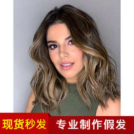 亚马逊跨境齐肩卷发女大波浪棕色中分跨境欧美玫瑰网假发工厂批发