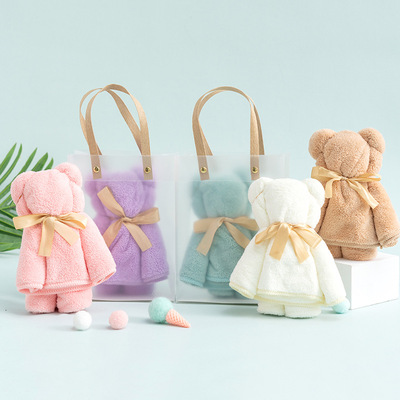 创意锁边35*75 毛巾礼品小熊毛巾PVC手提袋高密珊瑚绒礼品INS风格