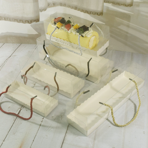 Swiss Japanese transparent carrying cake roll packaging box, long PET towel roll style pastry cake Swiss box