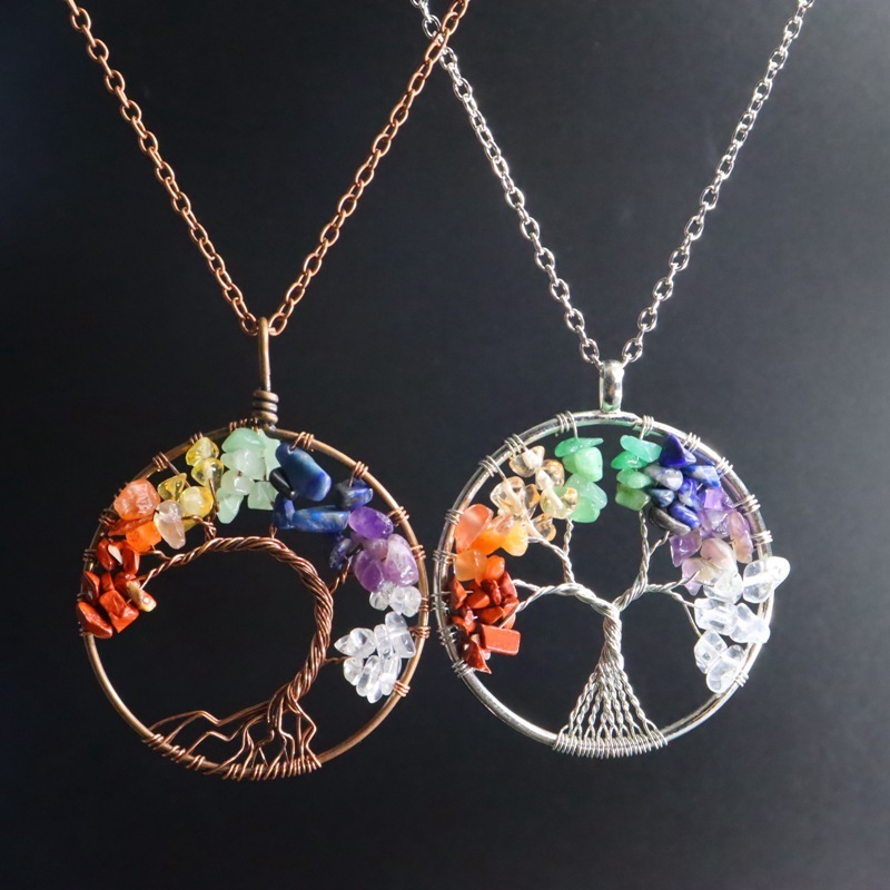 7 colour aura natural stone gravel rich tree manual winding life tree crystal pendant necklace jewelry