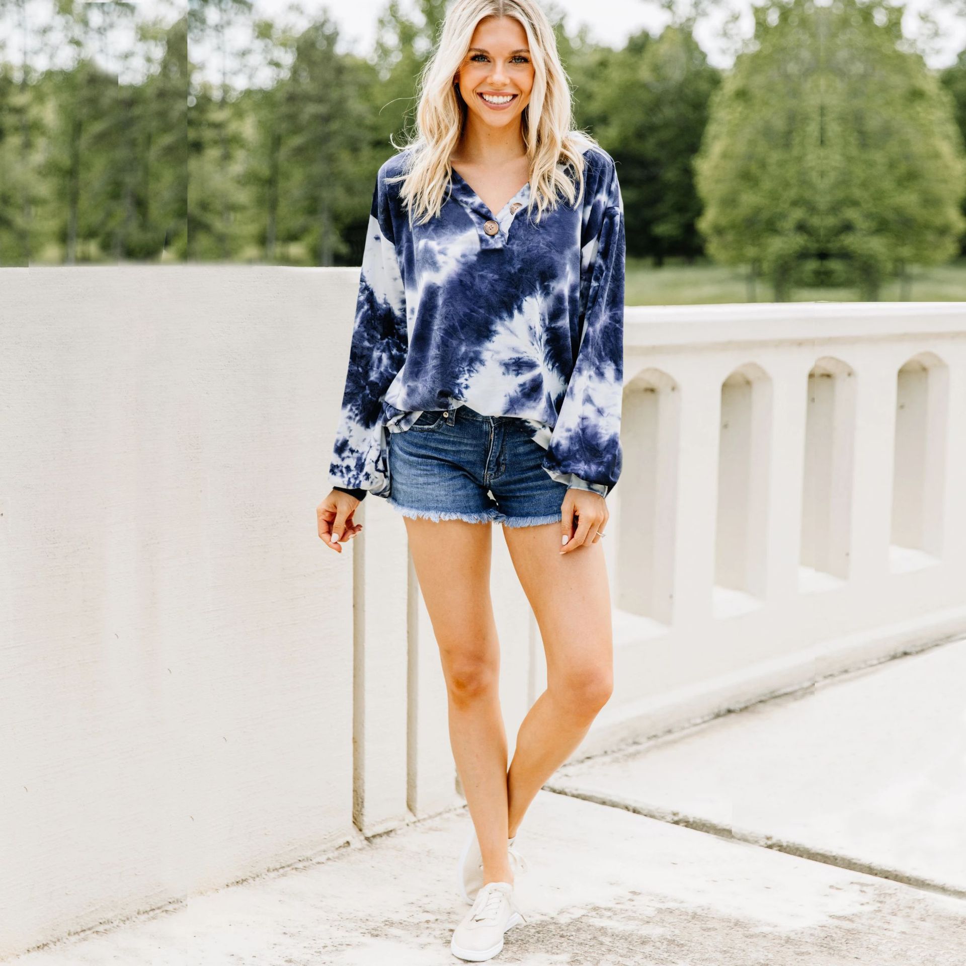 Tie-dye printing v-neck long sleeve polyester pullover casual blouse NSHYG66729