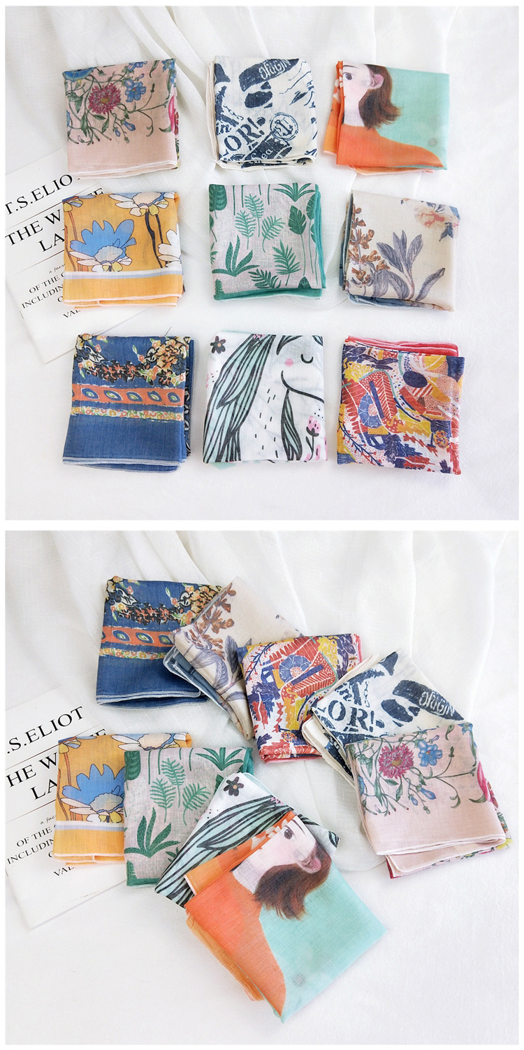 50g Weight Silk Scarf Classification Travel Occasion Unisex Gender Printing Design Sweet Style Grey&Pink, Grey, White, Purple, Green, Blue, Camel, Yellow, Black Color Cotton Linen Small Square Scarf 1