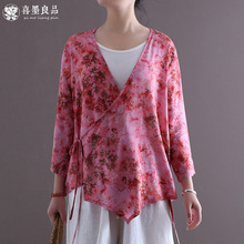 2019喜墨原创夏季新品女装复古宽松百搭上衣Ｖ领棉麻数码印花开衫