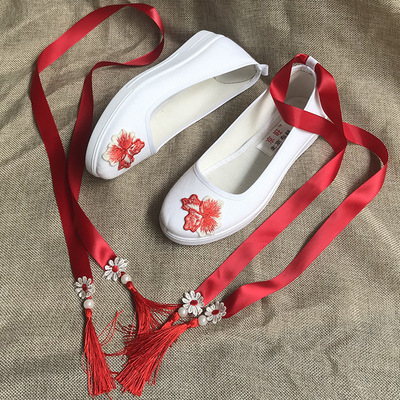 古风鞋子女汉服配饰鞋cos改良帆布坡跟绑带舞蹈绣花鞋百搭学生鞋