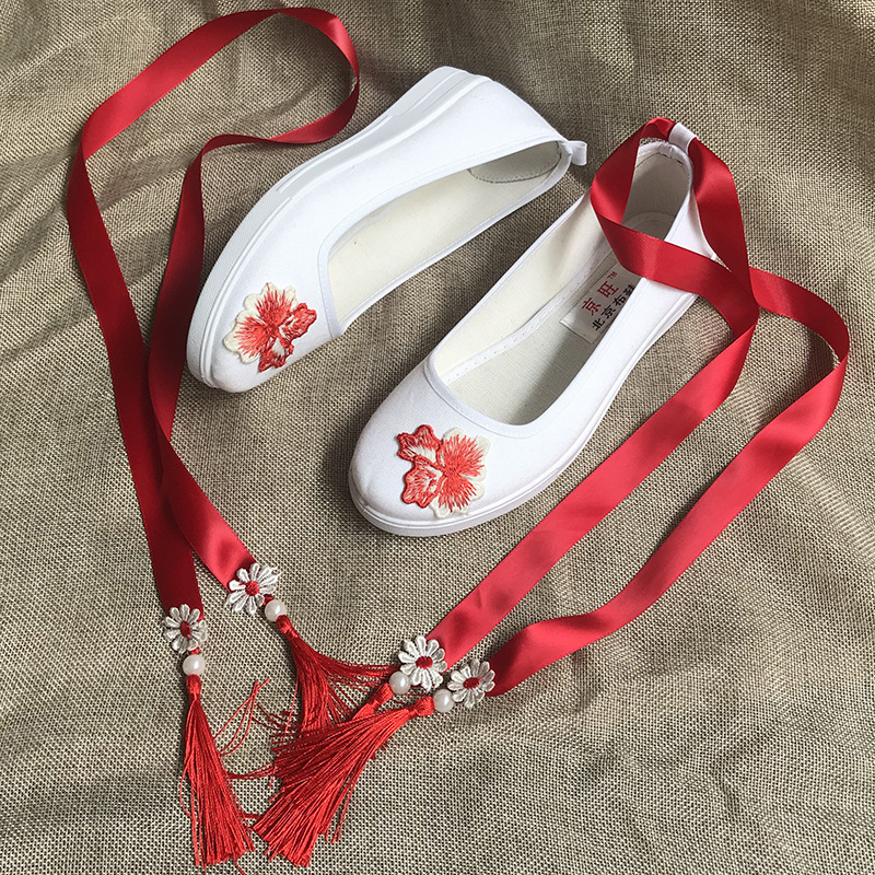 古风鞋子女汉服配饰鞋cos改良帆布坡跟绑带舞蹈绣花鞋百搭学生鞋