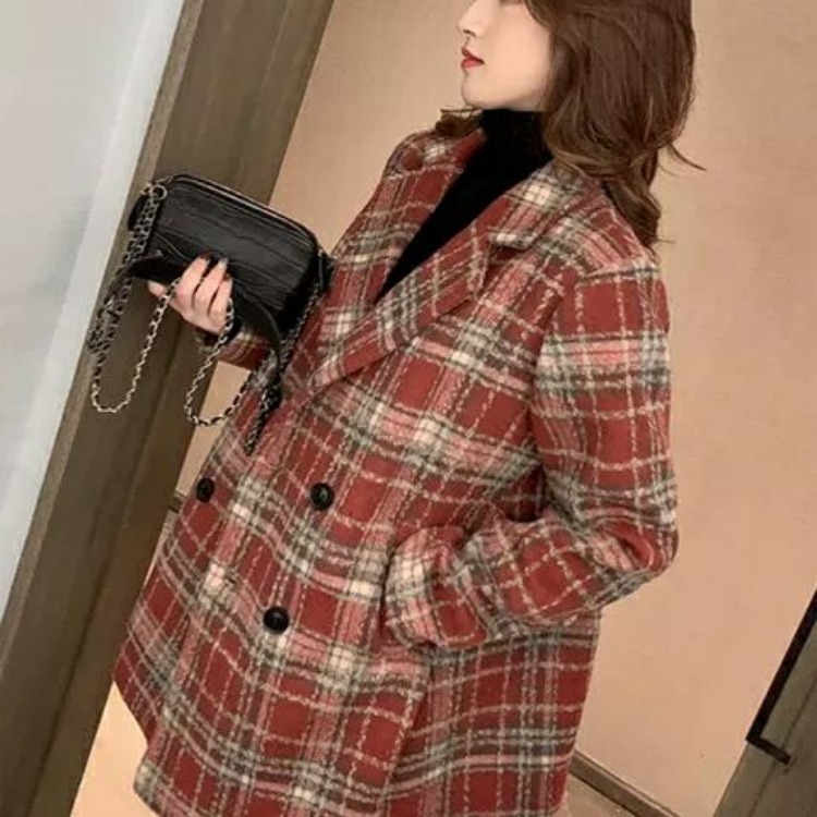 Abrigo de lana para mujer Otoño e Invierno 2022 nuevo traje a cuadros retro estilo coreano suelto todo partido abrigo de lana de longitud media image 4