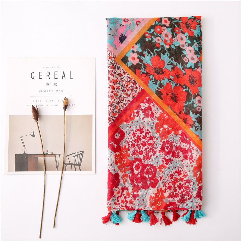 New Korean Color Matching Flower Sun Shawl Scarf Dual-use Scarf Scarf Seaside Beach Towel Yiwu Wholesales display picture 1