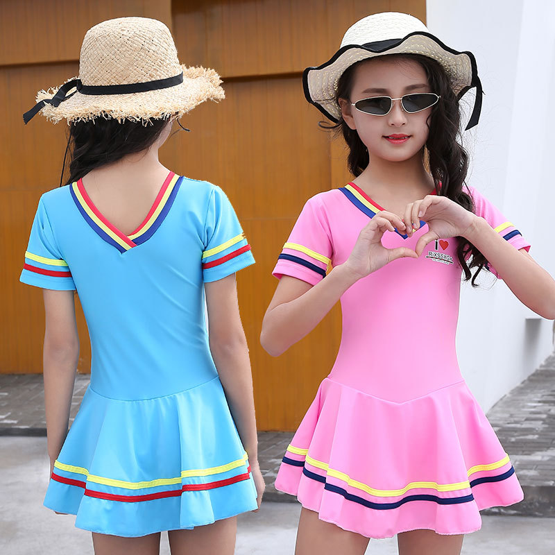 Traje de baño para niñas medio y grande niños estudiante Niña 8-14 años niños lindos deportes falda de manga corta buena tela traje de baño