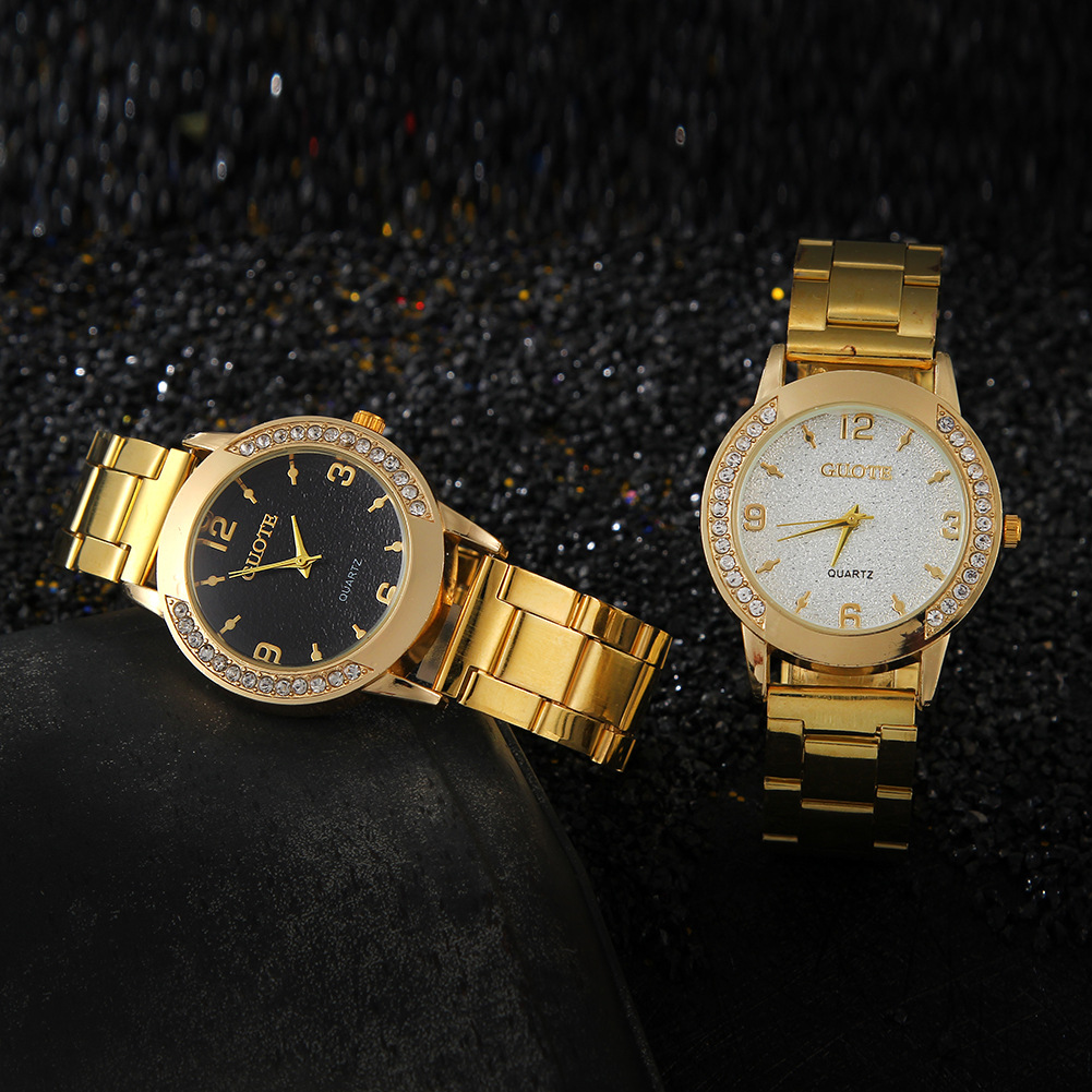 GT guote cross-border animado Golden Double Row Diamond reloj de mujer moda Diamante caso casual pareja reloj de cuarzo