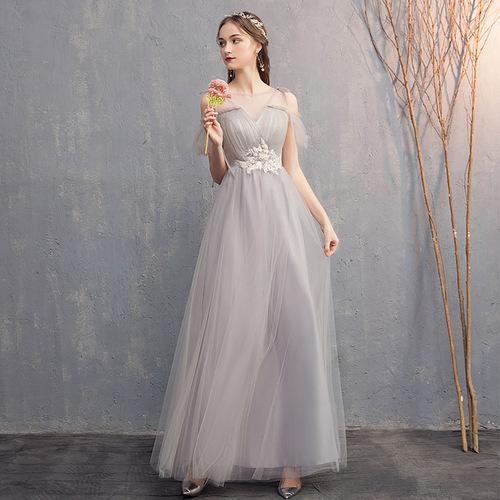 grey wedding party dress Long Lace V-neck Tulle A-line Grey Wedding Guest Dresses