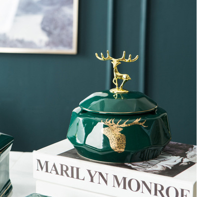 小鹿陶瓷烟灰缸创意家用带盖烟灰缸潮州厂家烟缸墨绿个性装饰收纳