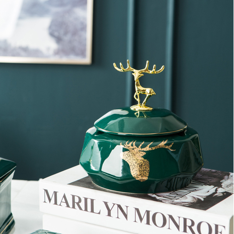 小鹿陶瓷烟灰缸创意家用带盖烟灰缸潮州厂家烟缸墨绿个性装饰收纳