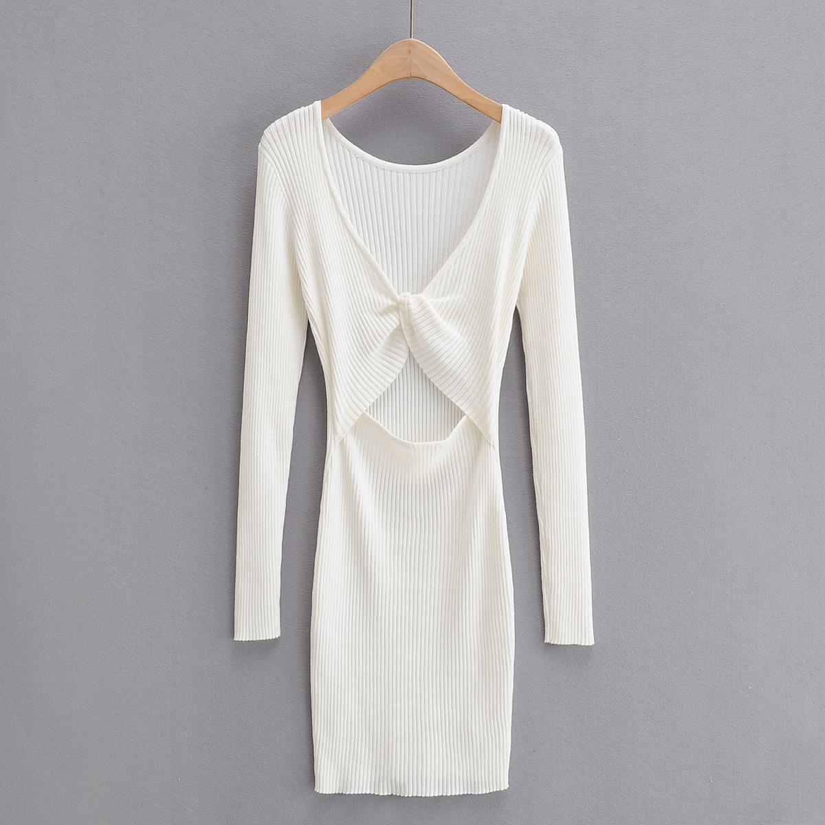 Two-Sided Wear Hollow Slim Long-Sleeved Short Solid Color Knitted Dress NSZQW115395