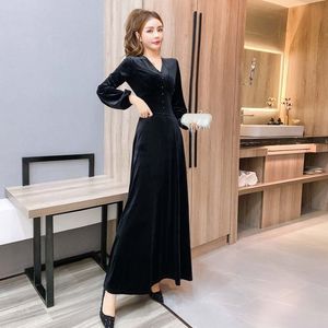 V-neck low chest velvet A-line dress toast dress bridesmaid evening dress long sleeve dress