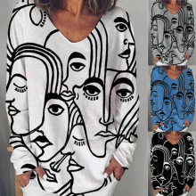 2025春季新款女装亚马逊热销欧美爆款抽象印花长袖宽松大码T恤