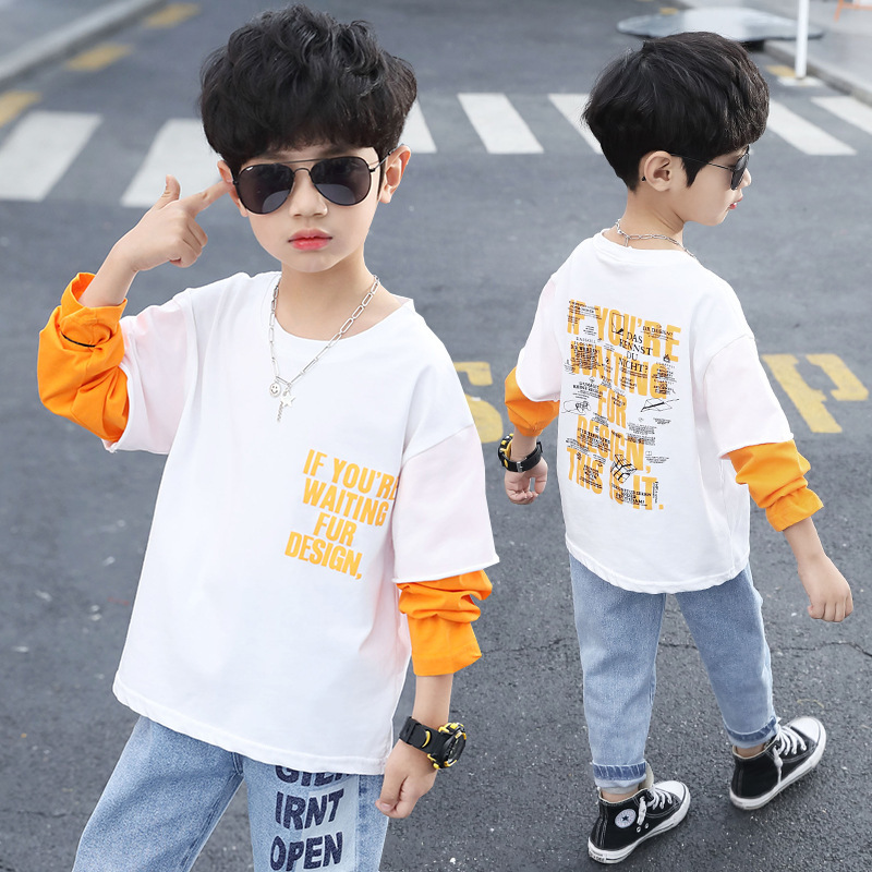 2020 new pattern Autumn Base coat Korean Edition fashion Boy letter printing False two Tidal range Long sleeve Base coat