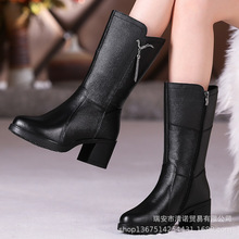 粗跟真皮中筒靴大码女靴冬靴子女新款女士皮靴中老年中跟妈妈棉鞋