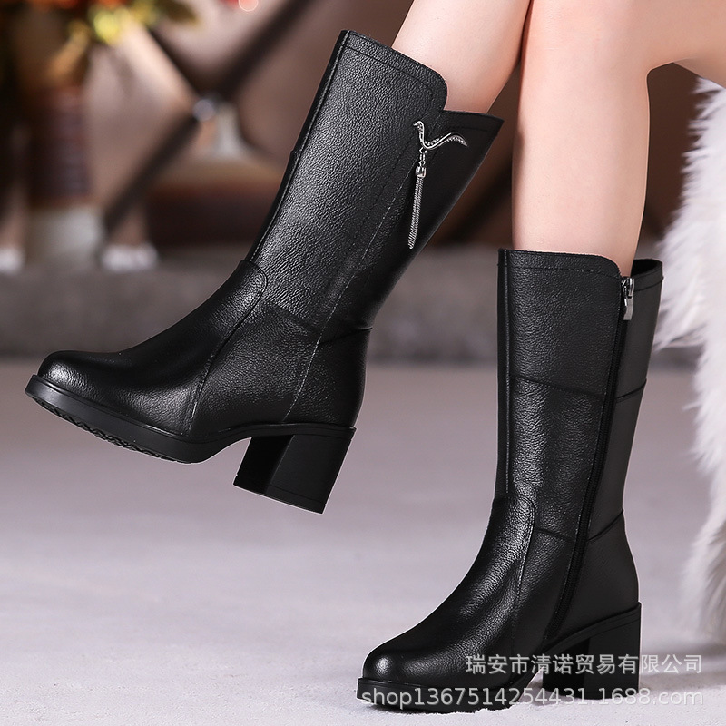 粗跟真皮中筒靴大码女靴冬靴子女新款女士皮靴中老年中跟妈妈棉鞋