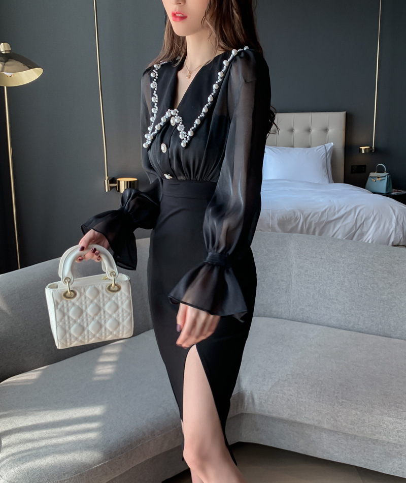 Đầm liền dài tay cổ búp bê xẻ tà ôm eo kiểu Pháp — Màu đen chi tiết 3