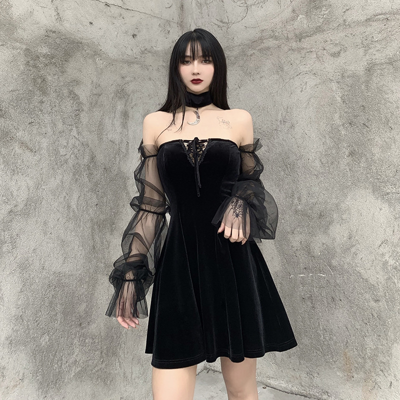 Sexy Dark Style See-Through Mesh Lace Long-Sleeved Tube Top Dress NSGYB99132