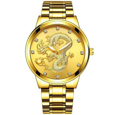男士防水非机械手表男镶钻红宝石龙面时尚中老年表蒂斯浮雕金龙表|ru
