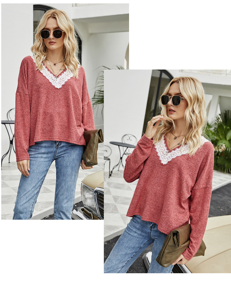 hot women s lace long-sleeved loose T-shirt V-neck pullover sweater NSYH7109