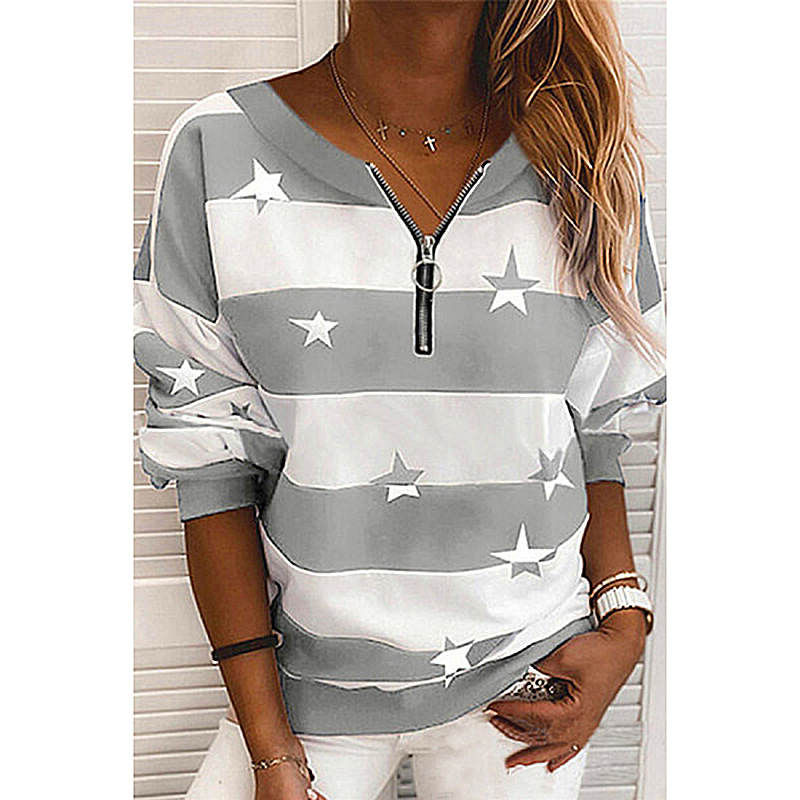 striped printing long-sleeved zipper loose casual sweater NSKX5900