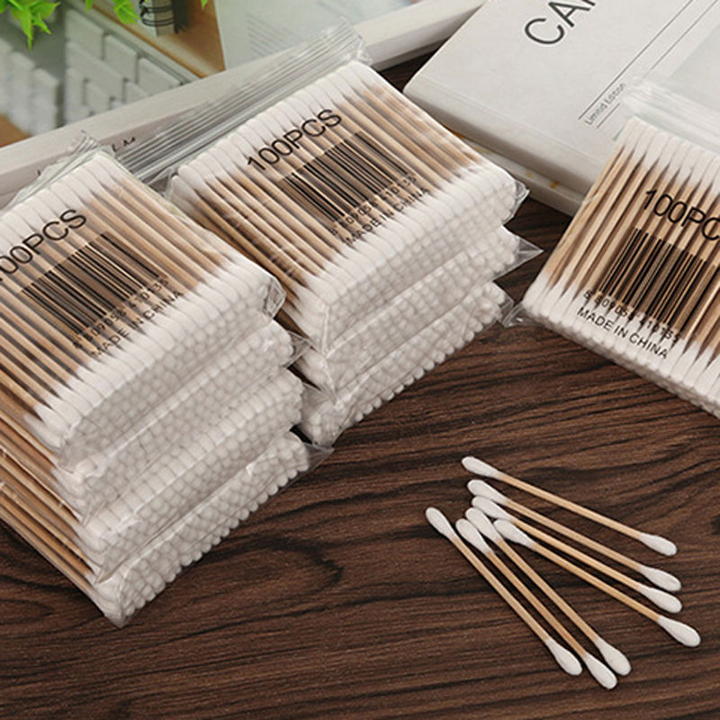 壹次性雙頭竹木棒化妝棉簽清潔棉棒袋裝足數100支 雙頭棉簽