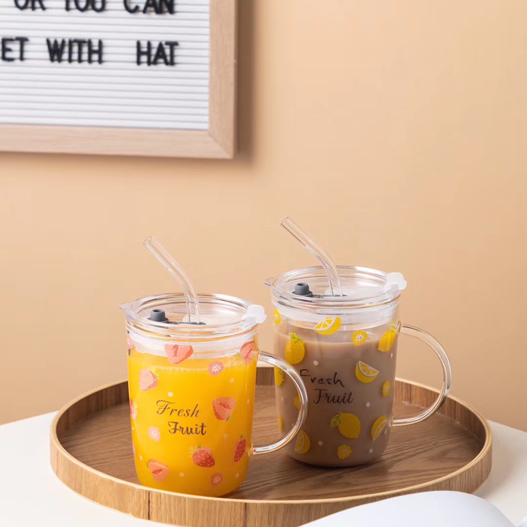 Vidrio de paja hogar niños taza de agua hembra linda chica con mango ins estilo fruta leche taza de té taza de limón