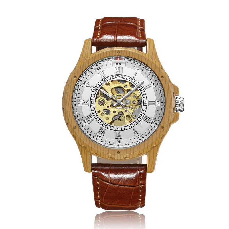 SEWOR hombres de negocios reloj mecánico automático de madera correa de cuero hueco transparente inferior mecánico reloj de madera maciza 001