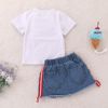 Summer girl’s suit white print T-shirt two piece denim skirt with holes