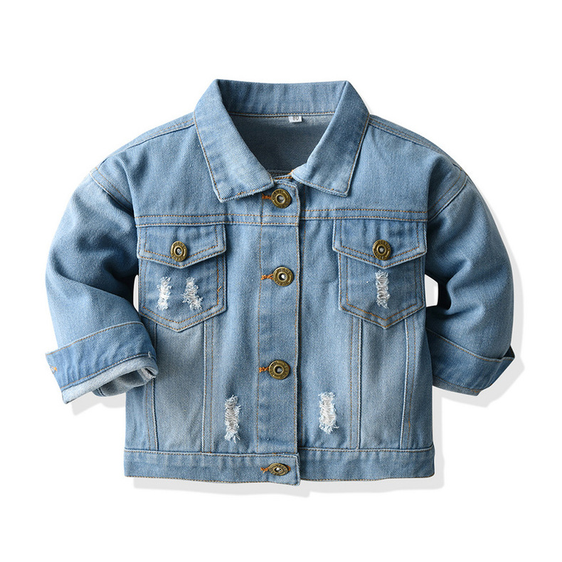 Veste Pour Enfants Cardigan En Détresse Denim Court À Manches Longues Revers Vêtements Bébé En Gros display picture 1